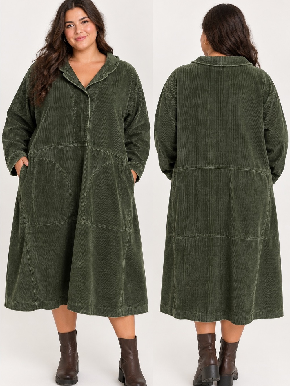 Poetry Corduroy Dress Organic Cotton Hemp A-Line Cottage Casual Sz 16 Green Fall